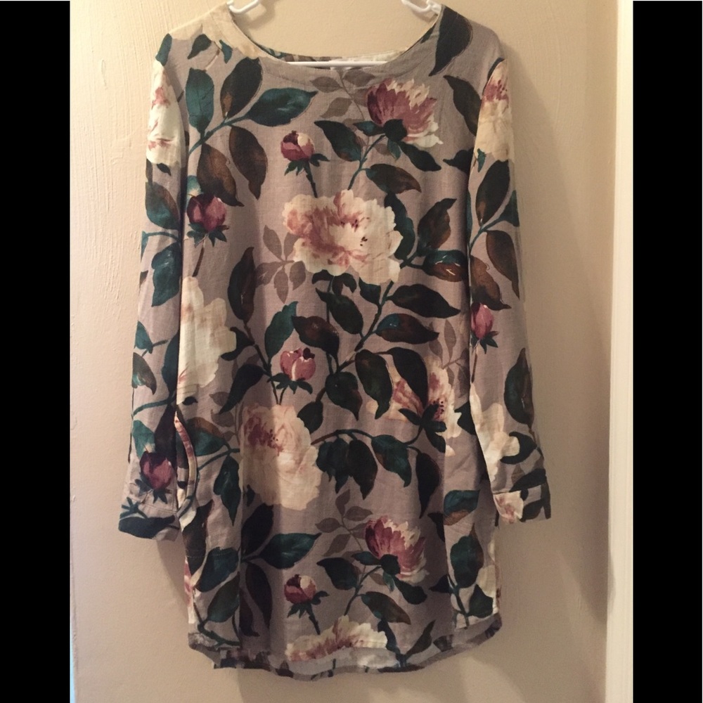 Pup Dou Dou Rose Print Linen Tunic Dress Size M